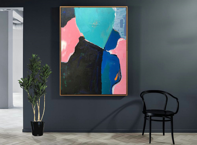 Vertical Palette Knife Contemporary Art,Extra Large Artwork,Lake Blue,Pink,Dark Blue,Black,Grey